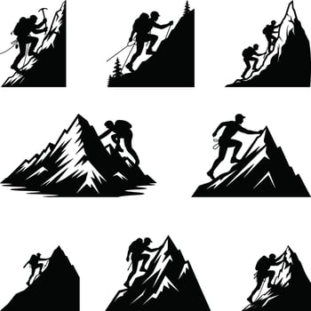Mountain Climbers Silhouettes Hiking, mountain climbers set vector