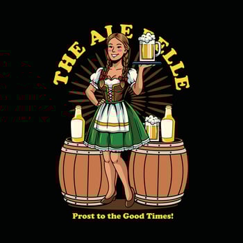 Woman in traditional Oktoberfest dress stands proudly with beer mugs, beer bottle and wooden barrels vector