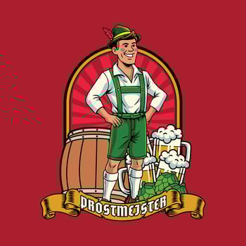 Man in traditional Bavarian attire stands proudly with beer mugs, hops, and wooden barrels vector