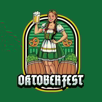 Woman in traditional Oktoberfest dress stands proudly with beer mugs, hops, pretzel and wooden barrels vector