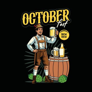 Smiling man in lederhosen holding beer beside barrel, hops, and Oktoberfest text label vector