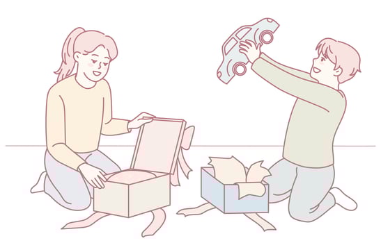 Children excitedly opening gift boxes vector
