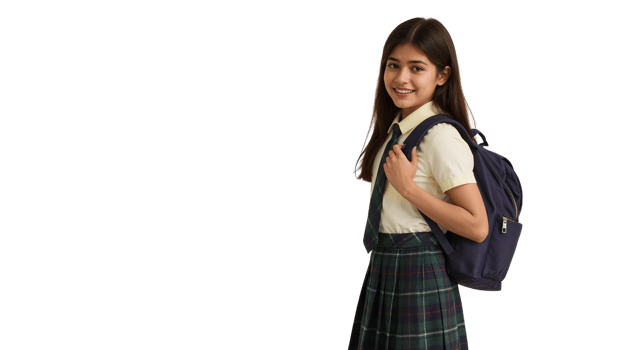 Portrait of smiling indian schoolgirl with backpack, isolated transparent background perfect for png