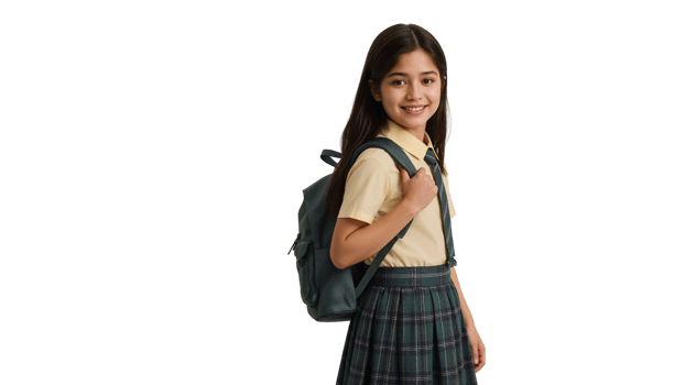 Smiling schoolgirl in uniform, ready for education, isolated with transparent background png