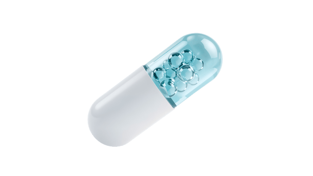 Encapsulated Wellness A Transparent Pill Filled with Blue Micro Doses on Isolated Backdrop png