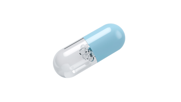 Macro representation of a translucent capsule containing minute spheres for treatment, isolated on png