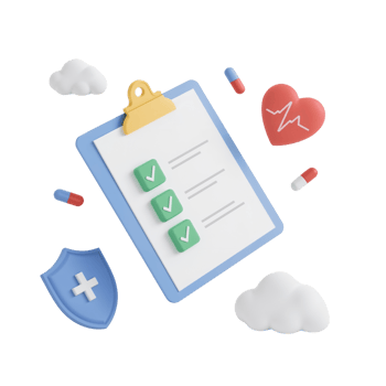 Healthcare checklist with vital signs, shield, pills, and clouds, floating on a seamless backdrop png