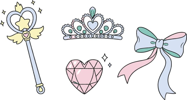 Cute Cartoon Accessories Wand Tiara Heart and Bow. vector