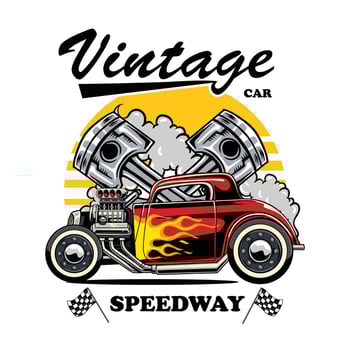 Vintage car with flames and pistons vector