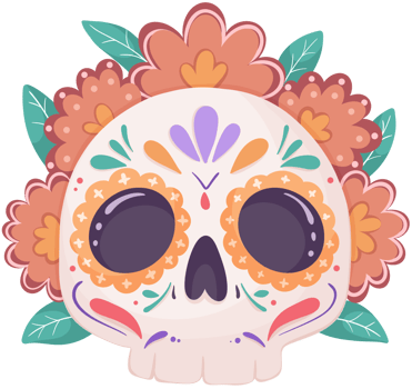 Colorful sugar skull with floral decorations. png