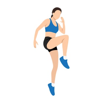 Woman performs a high knee workout, lifting her leg toward her chest in a dynamic cardio. vector