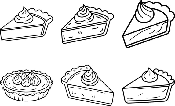Set of Pumpkin Pie Slice Line Art Illustrations with Cream Topping vector