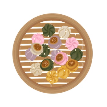 Colorful dumplings in a bamboo steamer vector
