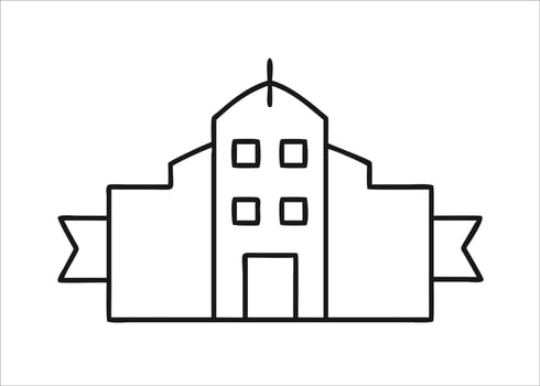 A stylized black glyph representing a corporate headquarters building with a prominent architectural design isolated on white background vector