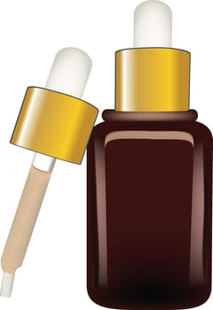 Brown cosmetic bottle with gold dropper dispensing serum or essential oil vector