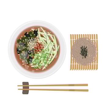 Soba noodle bowl with toppings vector
