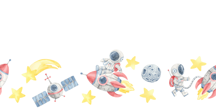Watercolor illustration seamless border with red rocket, yellow star, gray astronauts, and satellite elements. Suitable for wrapping paper, space-themed classroom borders, or scrapbooking png
