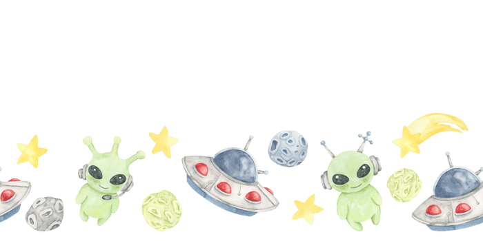 Green aliens, gray planets, red blue UFOs, and stars feature in this seamless border watercolor illustration. Designed for party stationery, book covers, or sci-fi-themed web design png