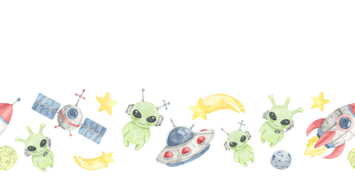 Green aliens, yellow stars, red blue UFOs, and gray space elements arranged in a seamless border watercolor illustration. Use for science fair printables, STEM posters, or themed planner pages png