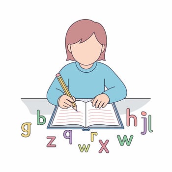 A faceless cartoon character diligently writing in a notebook with a yellow pencil, surrounded by colorful alphabet letters. vector