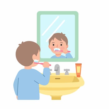 Cartoon boy in a blue shirt brushing his teeth, looking at his reflection in the bathroom mirror. vector