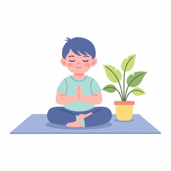 Serene cartoon boy with blue hair meditating in lotus pose with hands in prayer position. vector