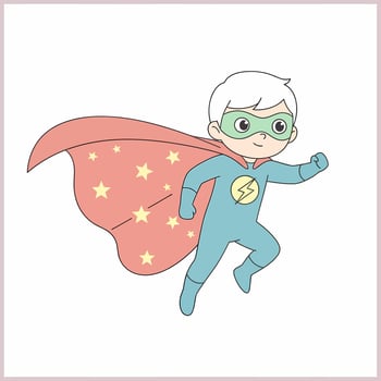 Cute cartoon superhero boy with white hair flying in a blue suit and red starry cape. vector