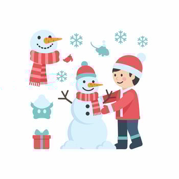 Cheerful winter holiday illustration set with a boy building a snowman, snowflakes, a gift, and other cute cartoon elements. vector