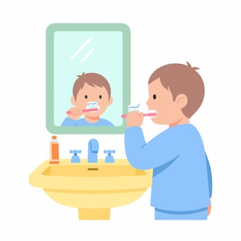 Young boy in blue pajamas brushing his teeth in front of a mirror. Cartoon illustration of a daily dental hygiene routine. vector