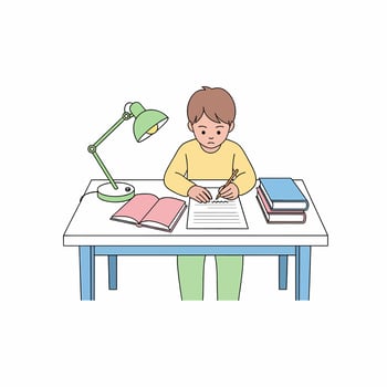 A focused young boy in a yellow sweater diligently writing at a desk with books and a green lamp. vector
