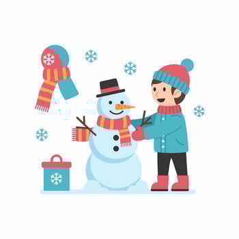 Flat design illustration of a boy building a snowman, with winter clothing accessories and a gift box. vector