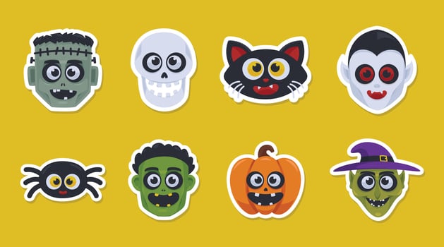 Halloween character head's sticker bundles with pumpkin, zombie, witch, and more. Adorable monster head's clip art collection set vector