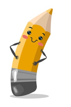 A friendly pencil character stands proudly with arms crossed, emphasizing education and creativity in a school setting. The bright colors and playful design promote a fun atmosphere for learning vector