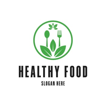 healthy food logo design concept idea with label circle and spoon and fork vector