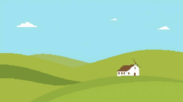 House in pixelated green fields vector