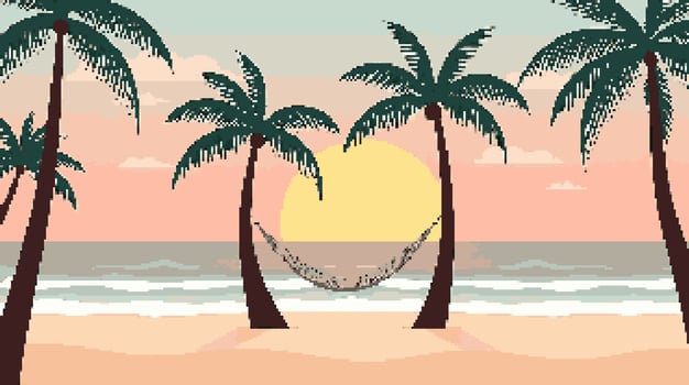 Beach sunset with palm trees and hammock vector