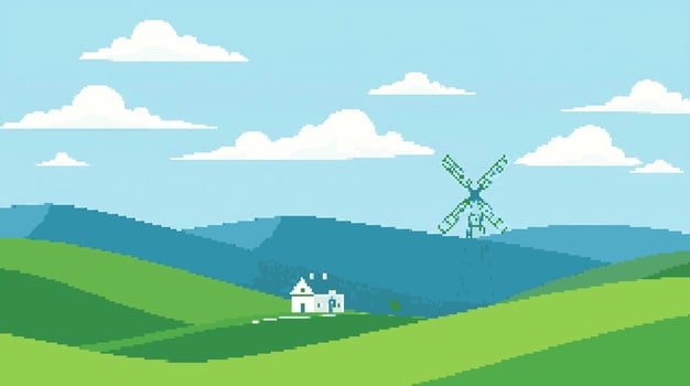 Green hills and windmill landscape vector