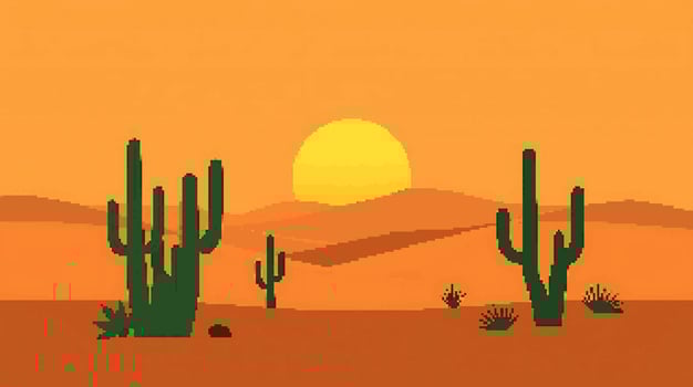 Desert sunset with cacti and mountains vector