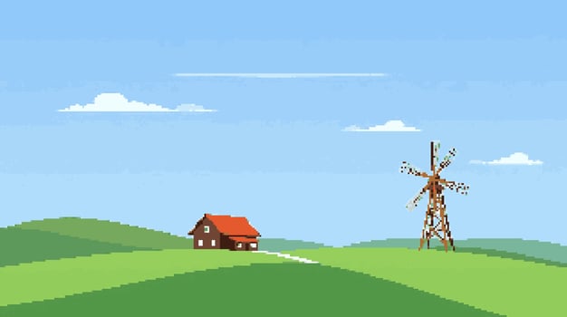 Farm with windmill on green hills vector