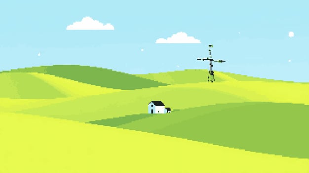 Pixel art landscape with house and windmill vector