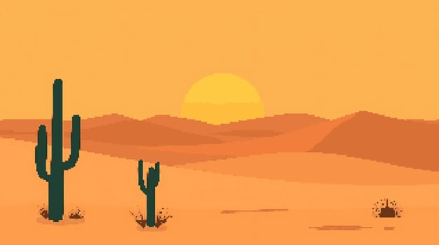 Desert sunset with cacti in pixel art vector
