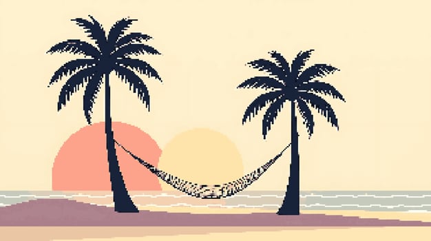 Hammock between palm trees at sunset vector