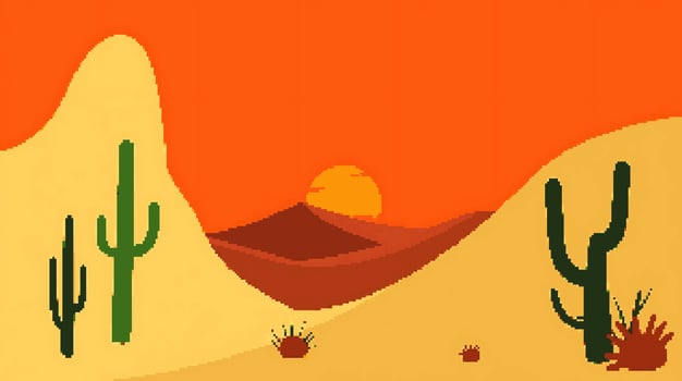 Desert sunset with cacti and mountains vector