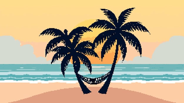Hammock between palm trees at sunset vector