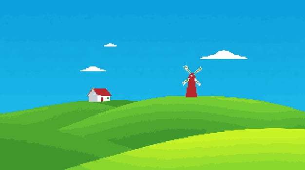 Pixel art landscape with windmill and house vector