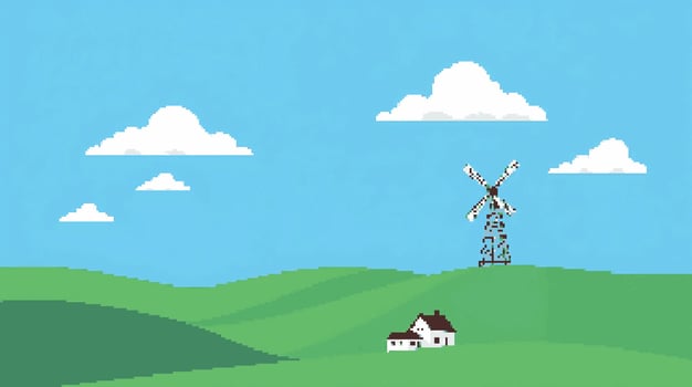 Windmill and house on green hills vector