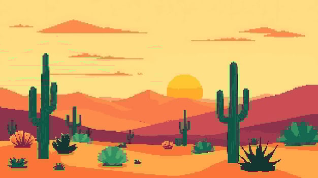 Pixel art desert landscape at sunset vector