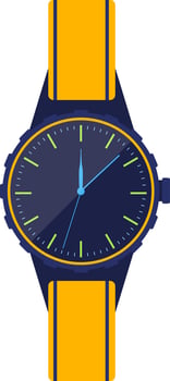 Modern wristwatch showing eight o'clock with yellow strap and blue dial, featuring simple design and bright colors, perfect for fashion and lifestyle projects vector