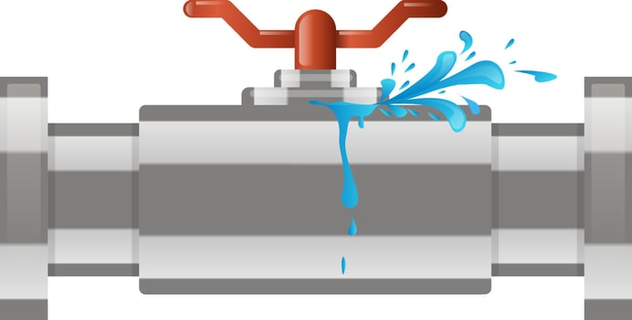 Water leaking from a broken pipe with a red valve against a white background illustrates plumbing issues, highlighting water damage and emphasizing the urgent need for repairs vector