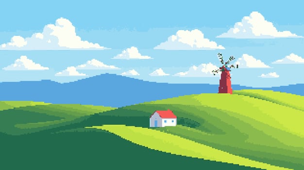Green hills with windmill and house vector